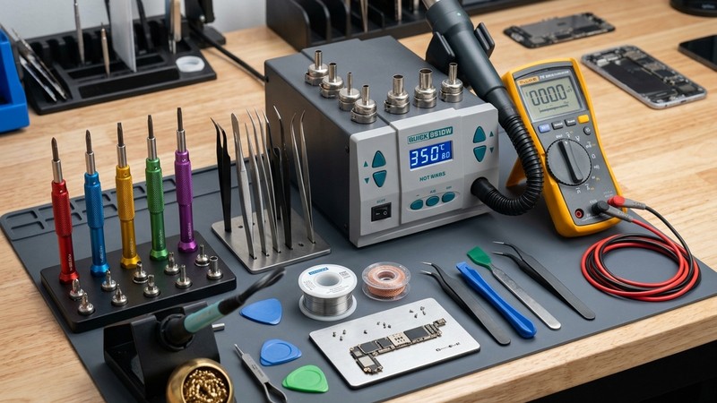 Multimeter and electronics components for smartphone troubleshooting