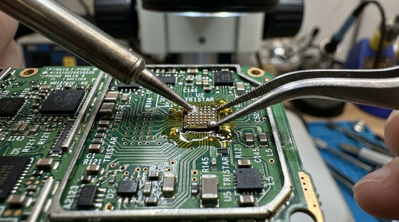 Motherboard IC chip micro-soldering under stereo microscope